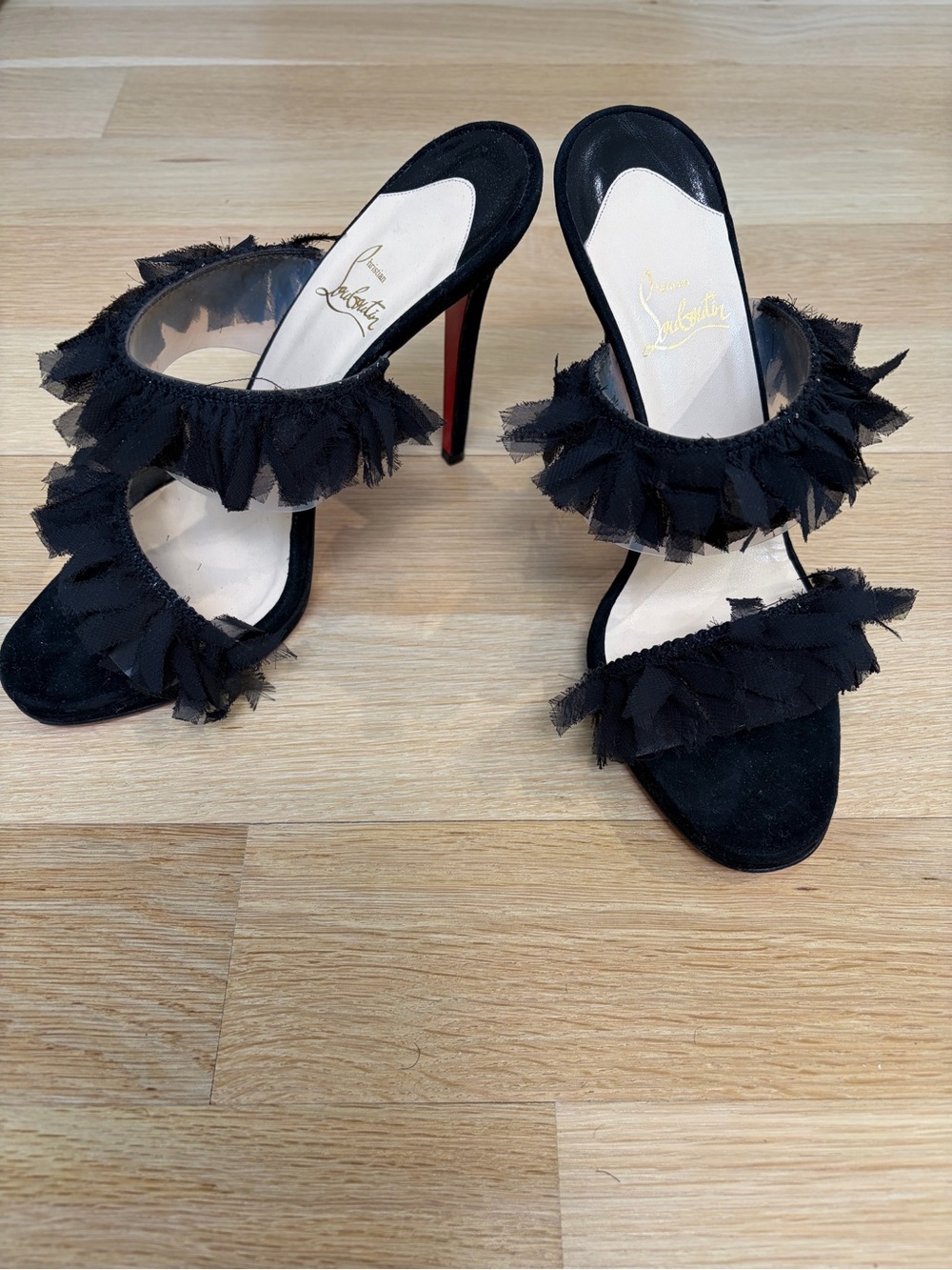 Christian Louboutin Black Suede Ruffled Open-Toe Stiletto Sandals